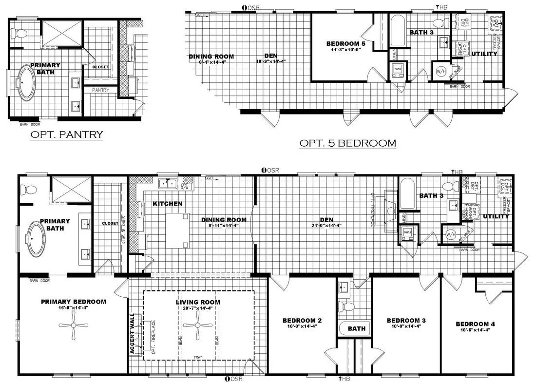 Floor plan of a house with labeled rooms: primary bedroom, primary bath, kitchen, dining room, living room, den, bedroom 2, bedroom 3, bedroom 4, bath, utility room, optional pantry, optional 5th bedroom, and a secondary bath.