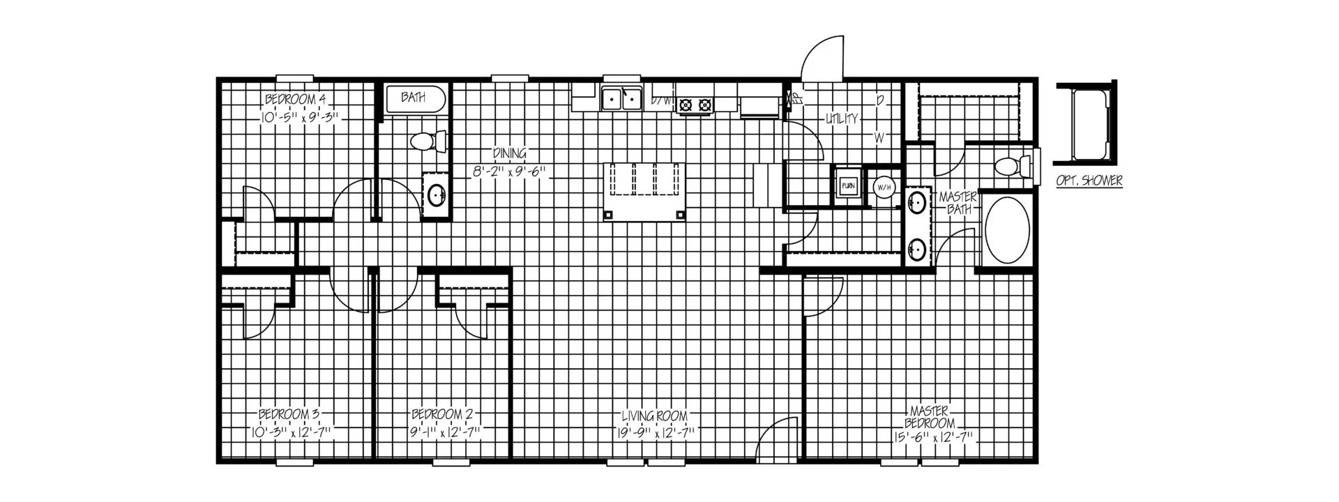 Floor plan of a house with four bedrooms, two bathrooms, a living room, dining area, kitchen, laundry, and utility room.