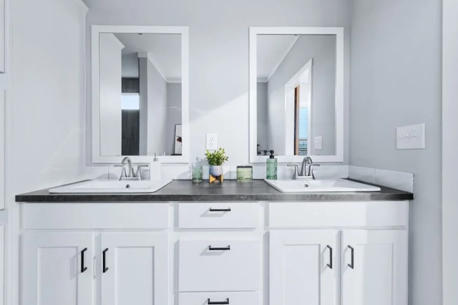 Double vanity bathroom with two mirrors, two sinks, white cabinets, black countertops, and small potted plant and soap dispensers on the counter.