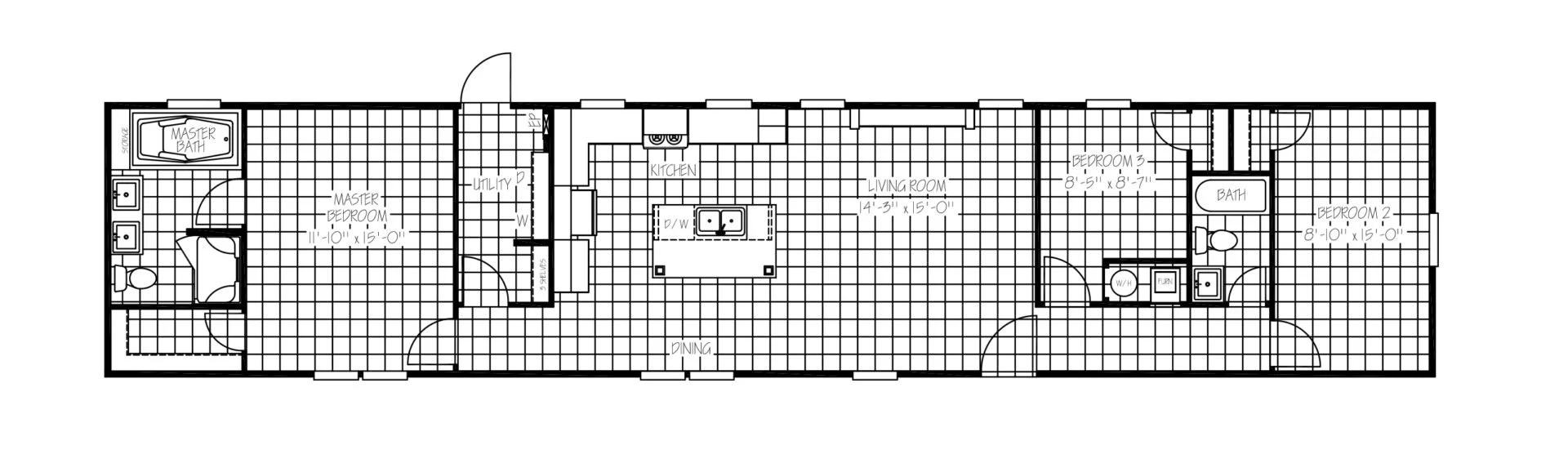 Floor plan of a single-story house with three bedrooms, two bathrooms, a kitchen, living room, dining area, utility room, and laundry closet.