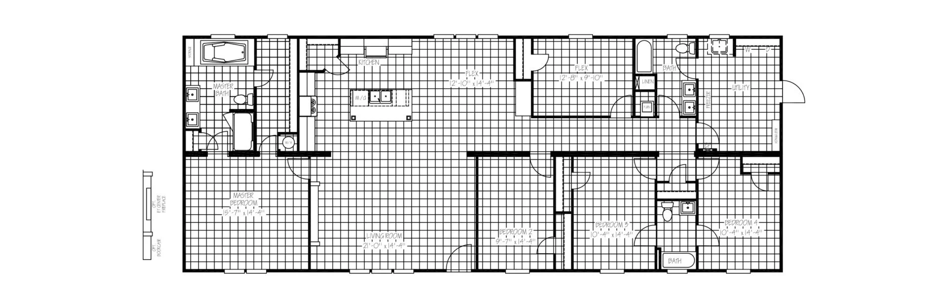 Floor plan of a residential house showing bedrooms, bathrooms, living room, kitchen, laundry, and utility areas with measurements.