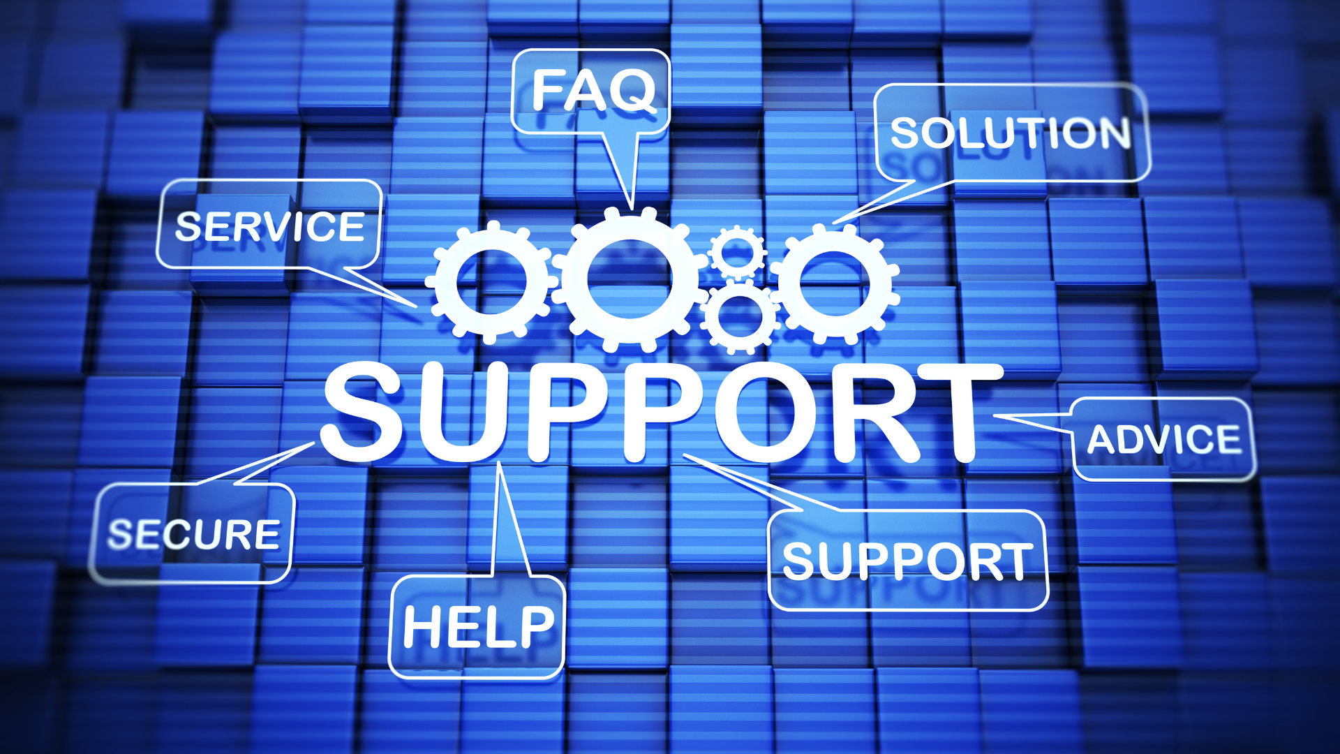 Blue digital background with icons and text representing support services, including words like FAQ, service, solution, advice, support, help, secure, and gear graphics.