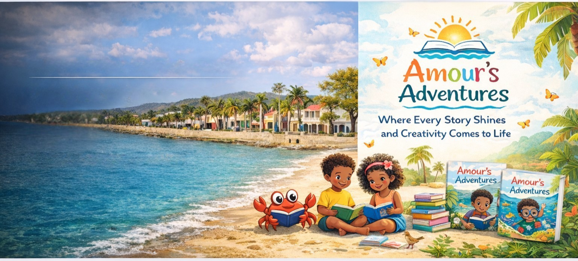 Children sitting on a beach reading books with a colorful book cover displayed, featuring a crab and a girl with glasses, in front of a tropical backdrop with palm trees, ocean, and a bright sky, promoting 'Amour's Adventures' children's books.