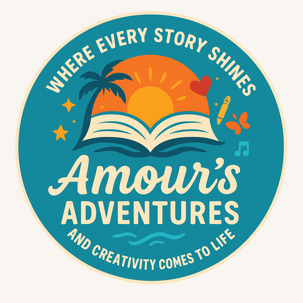 A circular logo with a blue background featuring an open book with a sunset, a palm tree, and various colorful icons like hearts, stars, a pencil, a butterfly, and a music note. The text reads,"Where every story shines," "Amour's Adventures," and "And creativity comes to life."