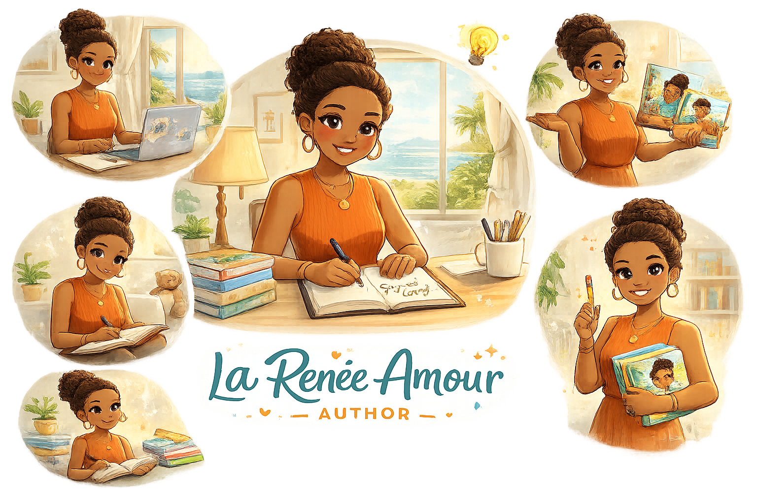 Illustration of a woman with dark skin, curly hair in a bun, wearing an orange dress, shown in various scenes: sitting at a desk with a laptop, writing in a book at a desk with a large window and ocean view, reading a book, holding a stack of books, holding a book with an illustrated cover, and holding a pen and a book with a cover illustration. The scenes are set in a cozy, well-lit room decorated with plants, books, and warm lighting. The text
