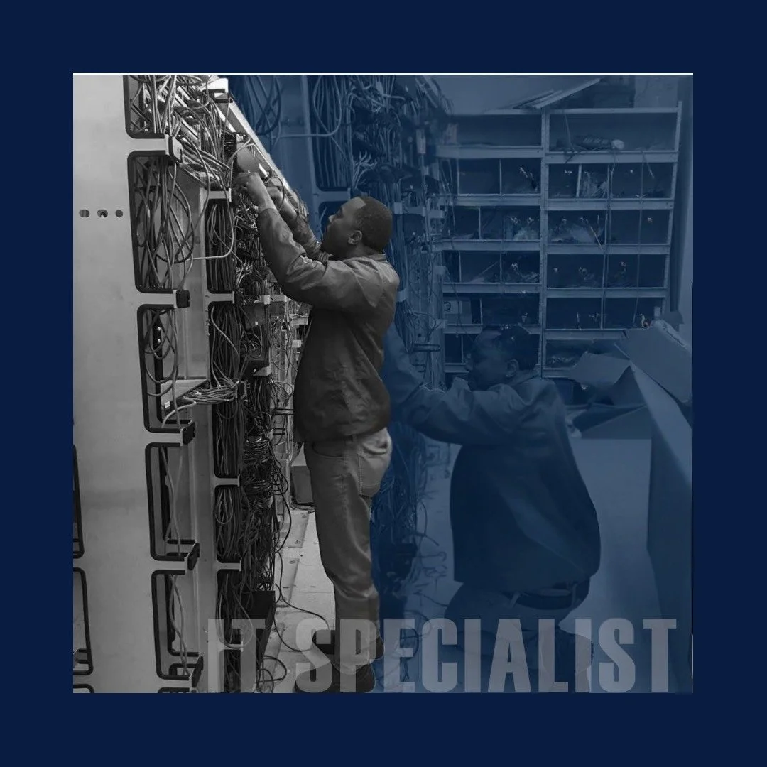 Two technicians working on wiring inside a server room or data center, with numerous cables and equipment around them.