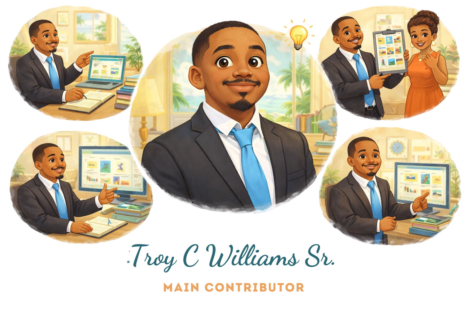Illustration of Troy C. Williams Sr. in a professional suit with a blue tie, shown in various scenes: working on a laptop, presenting on a computer and tablet, explaining data, and smiling in a bright room with books and plants. The central image features a close-up of him smiling. Text below reads, 'Troy C Williams Sr. MAIN CONTRIBUTOR.'