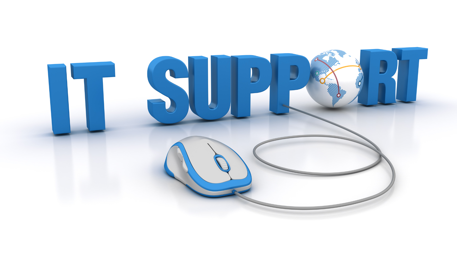 The image features the words 'IT SUPPORT' in large blue 3D letters, with a computer mouse connected to a globe with a world map and electronic communication lines.