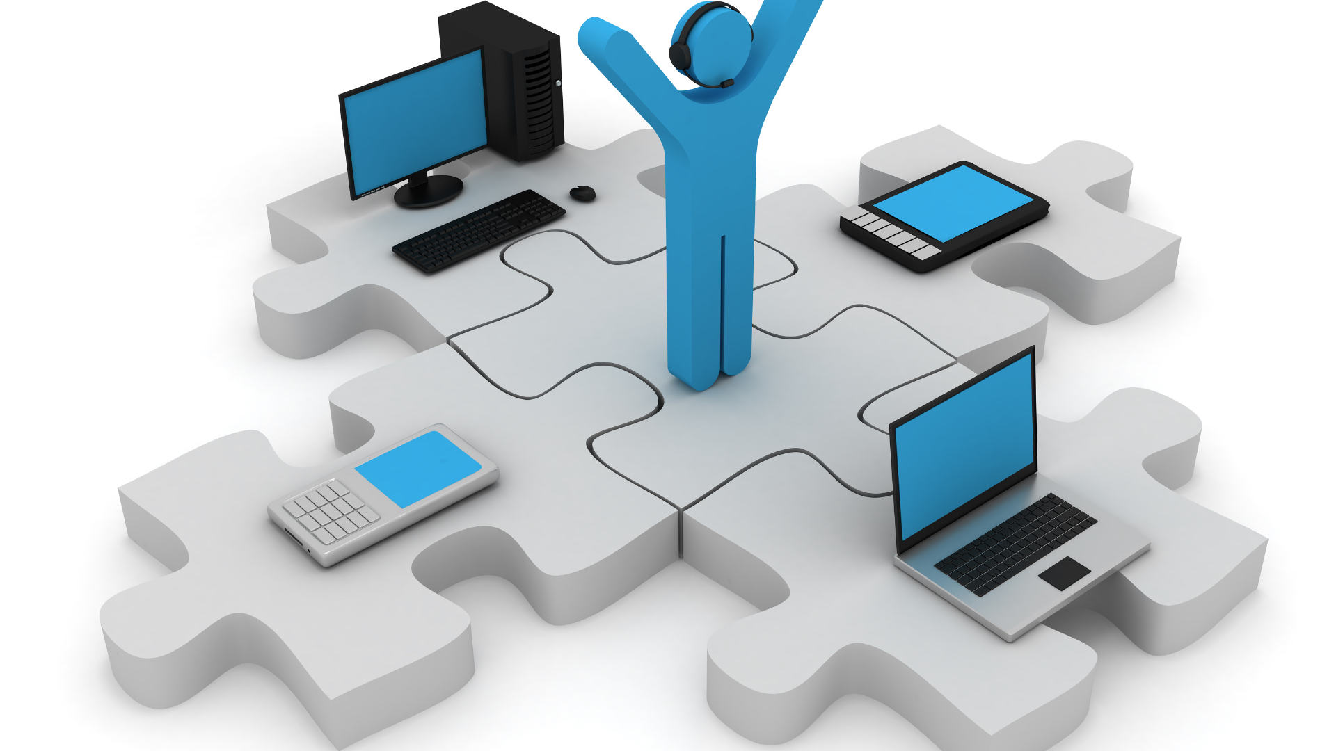 A puzzle piece with various electronic devices connected by wires, including a desktop computer, a laptop, a tablet, a smartphone, and a headset on a blue human figure.