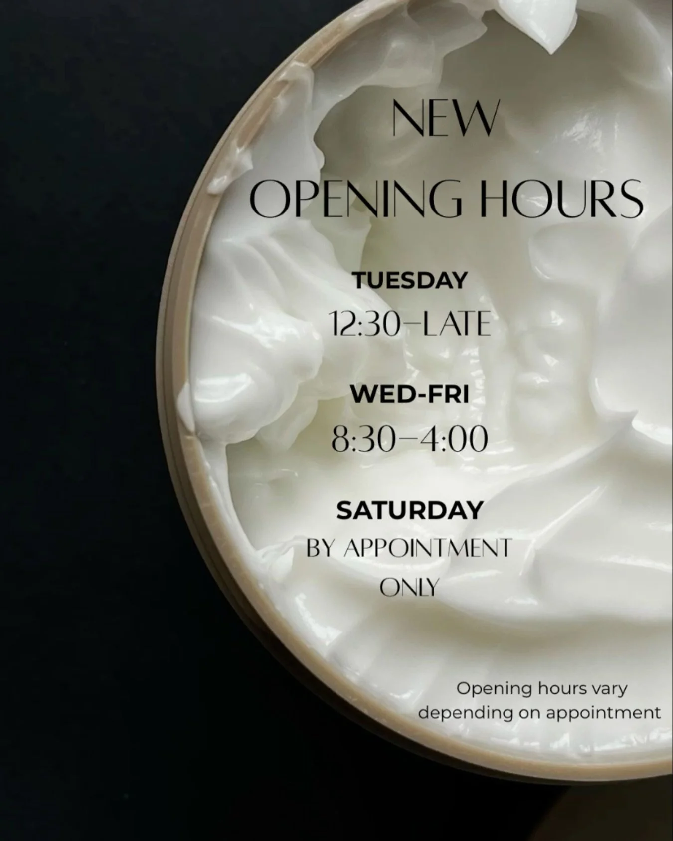A little update to our salon opening hours:

We are now opening up Tuesday nights!!!

This is to make sure we can see all our clients with the time that suits them🤍