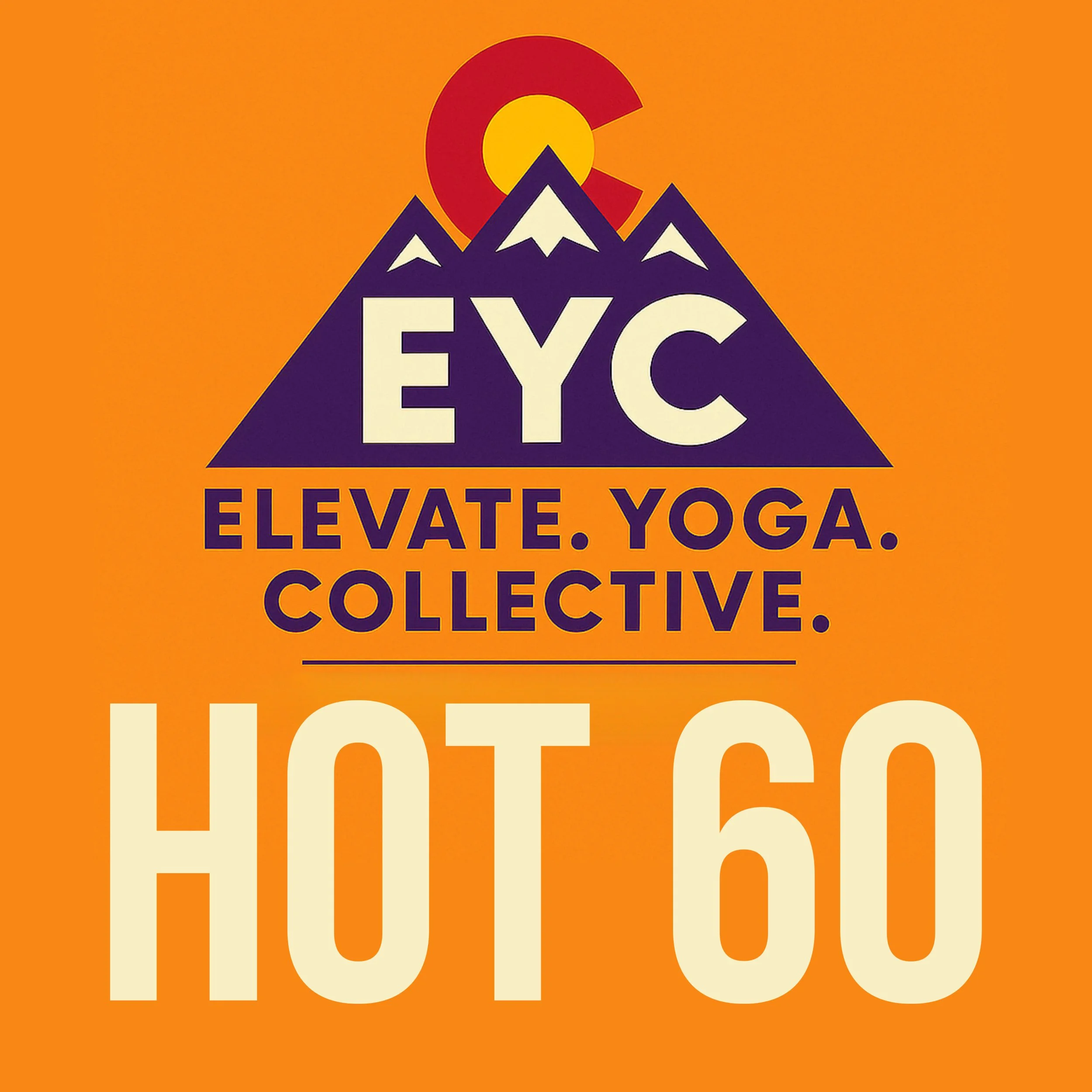 A logo with a mountain and sun graphic and the text 'ELEVATE YOGA' in capital letters, set against an orange background.