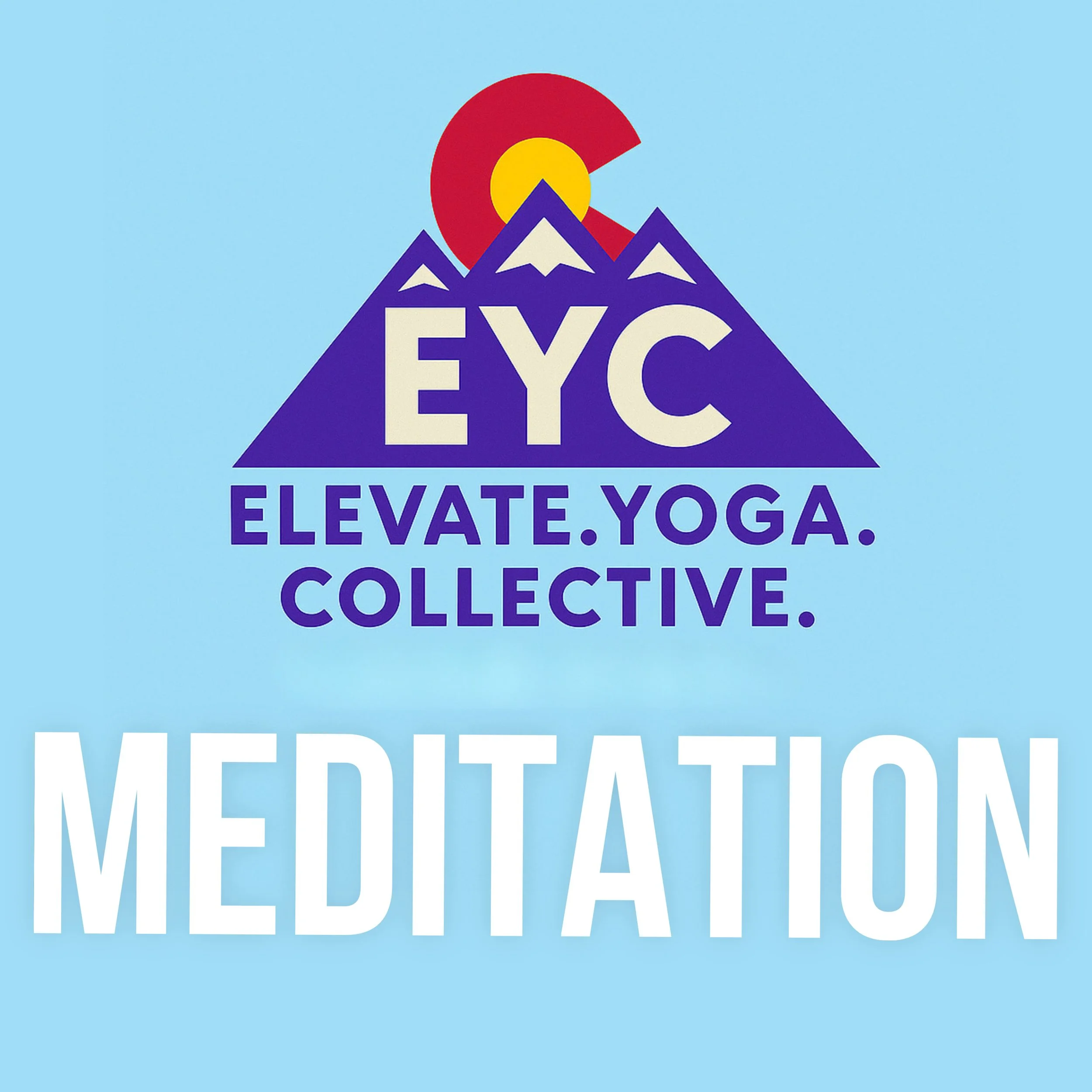 Logo with mountain peaks and the text 'ELEVATE.YOGA' and 'COLLECTIVE' and a red, yellow, and purple circle in the background.