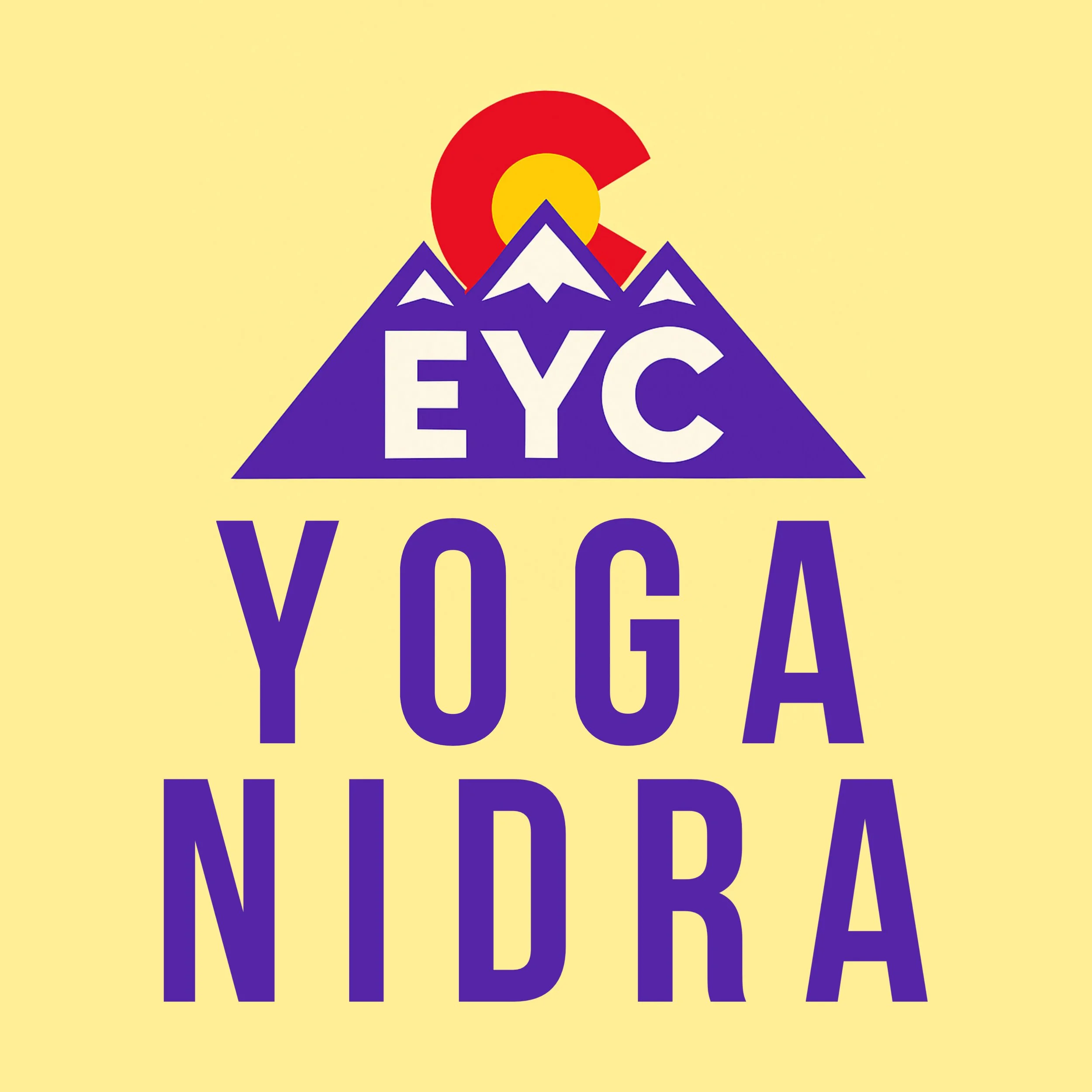 Stylized graphic with purple mountains, white snow caps, a large yellow sun, and a red shape behind the sun, with the word 'EYC' prominently displayed in white capital letters in front of the mountains.