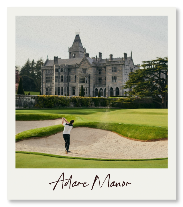 Adare Manor A golfer addresses his shot from a pristine sand bunker, the neo-Gothic grandeur of Adare Manor rising in the distance—a perfect illustration of the championship golf experience that draws players from around the world.