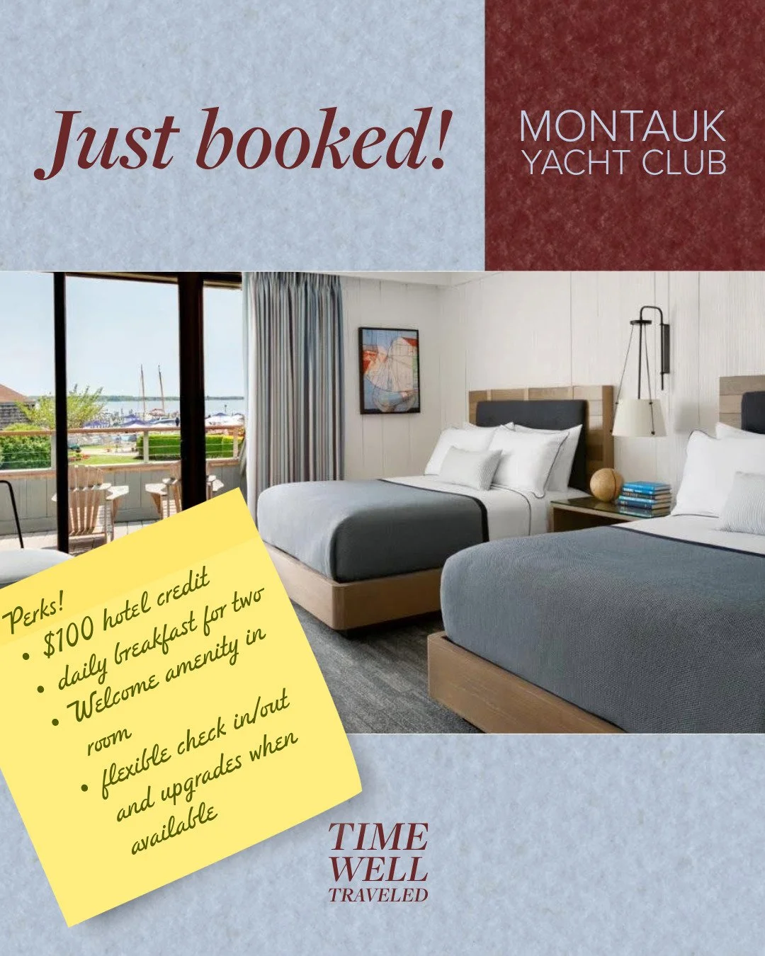 A hotel room with two beds, a balcony view of a marina, and a yellow sticky note with hotel amenities. The top overlay says 'Just booked!' for Montauk Yacht Club.
