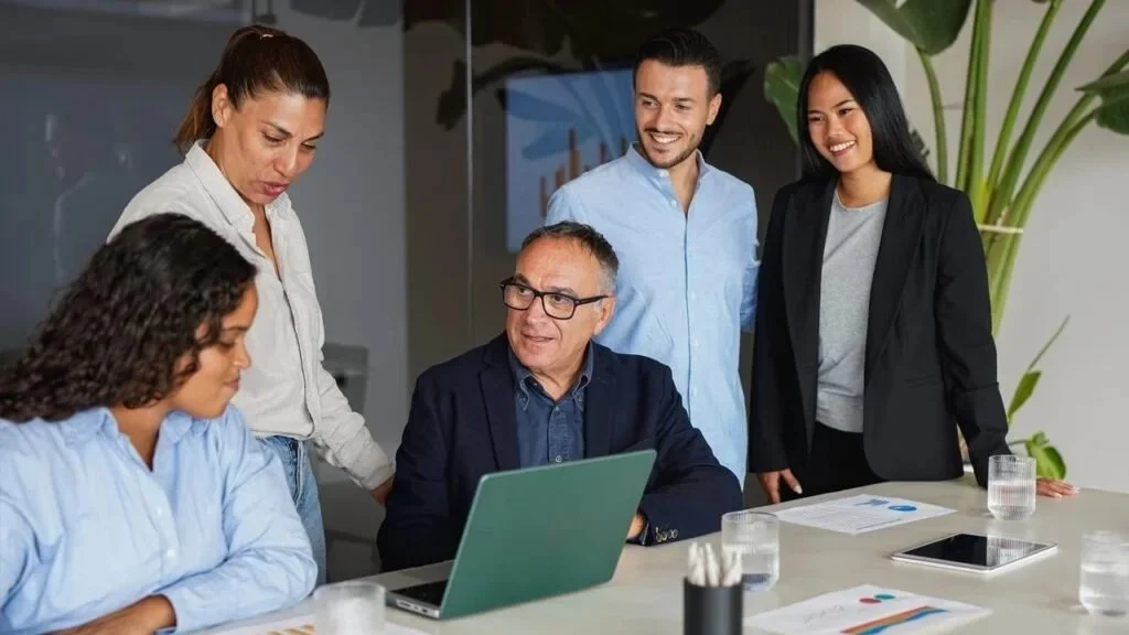 Group of five diverse professionals in a business meeting room looking at a laptop and discussing.