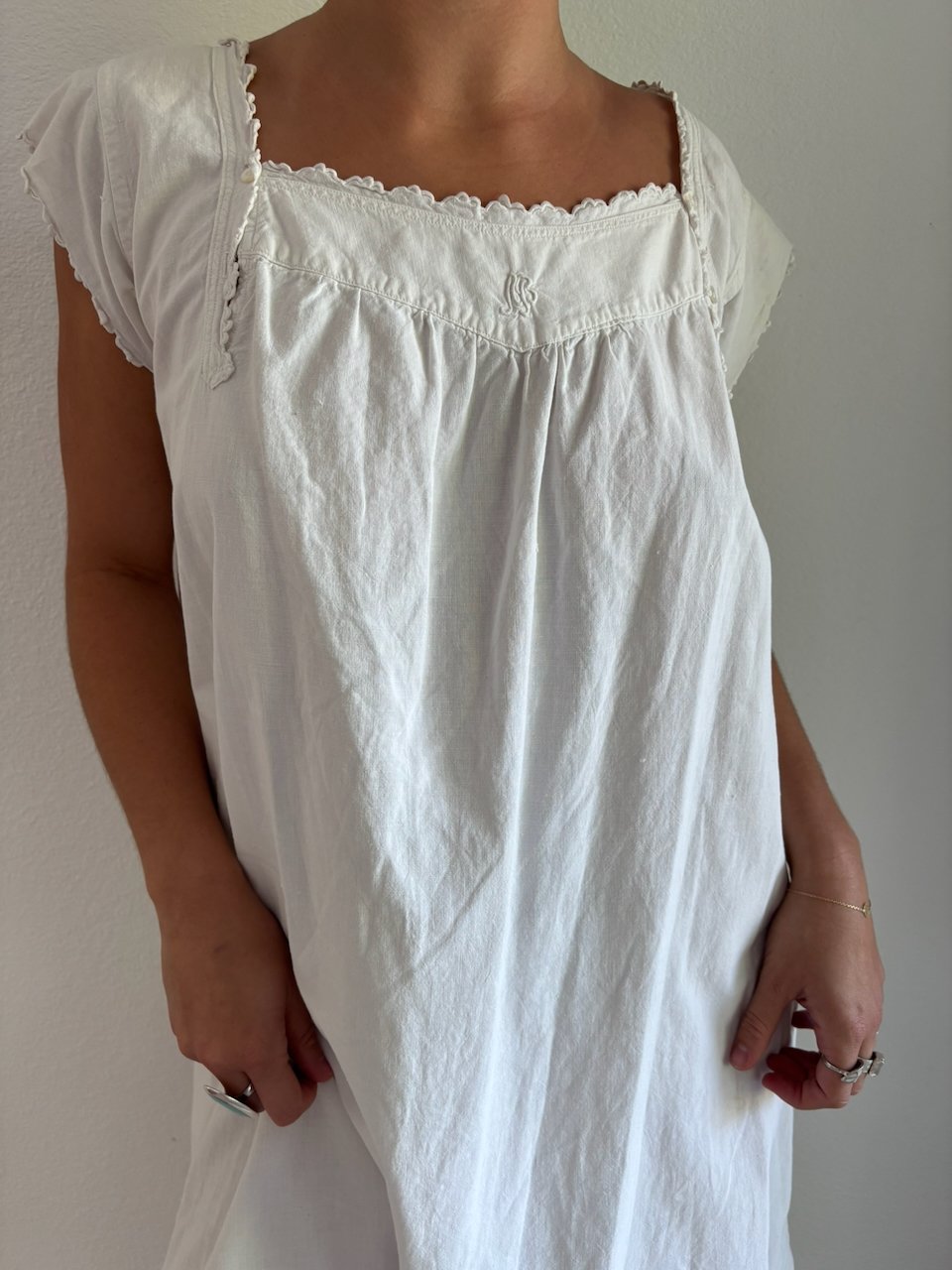 French Antique White Cotton Linen Day Dress | Hand Monogram Embroidery