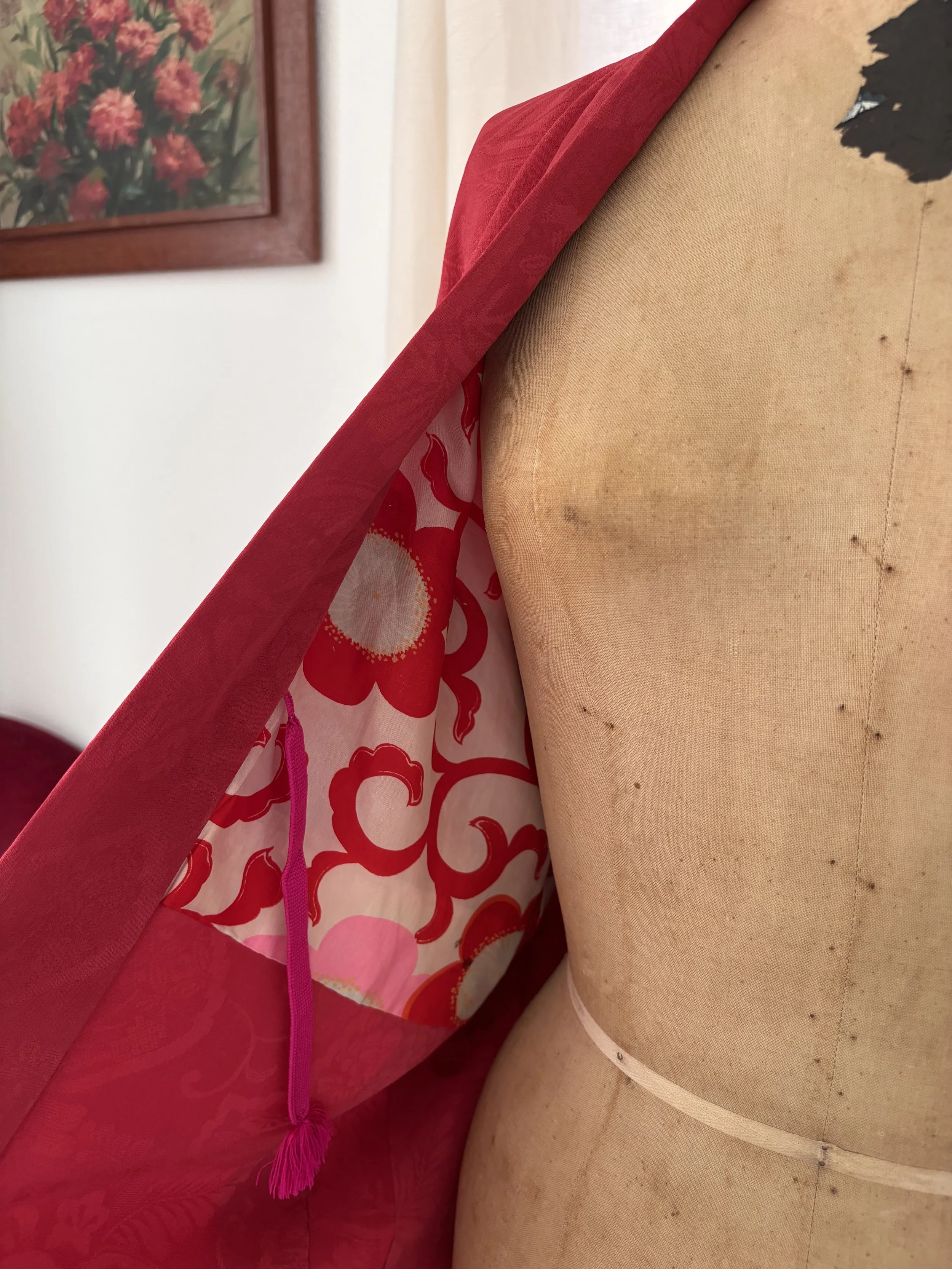 Detail of silk fabric and woven geometric lining inside vintage Japanese haori