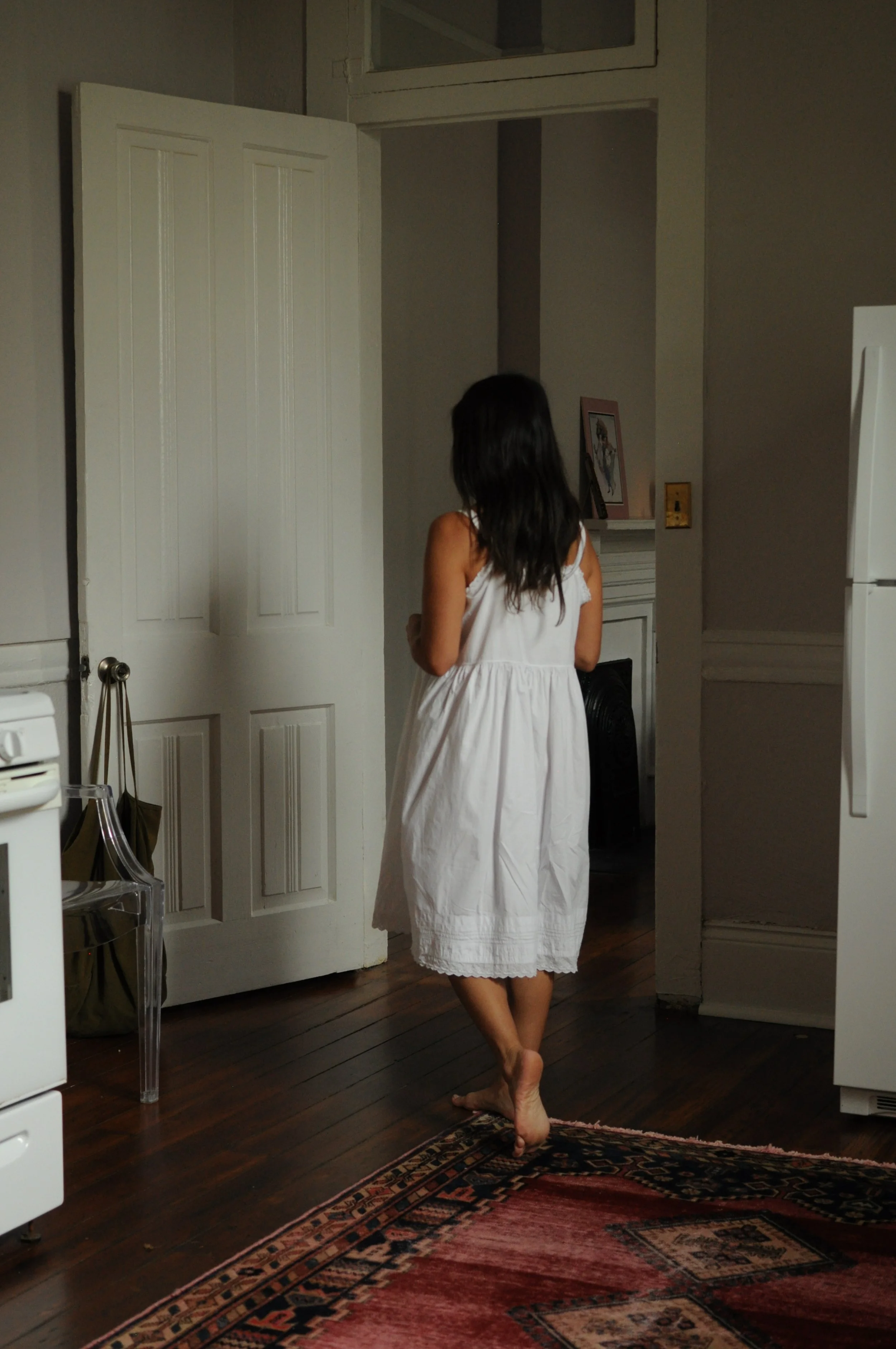 Back view of antique heirloom cotton slip dress with empire waist