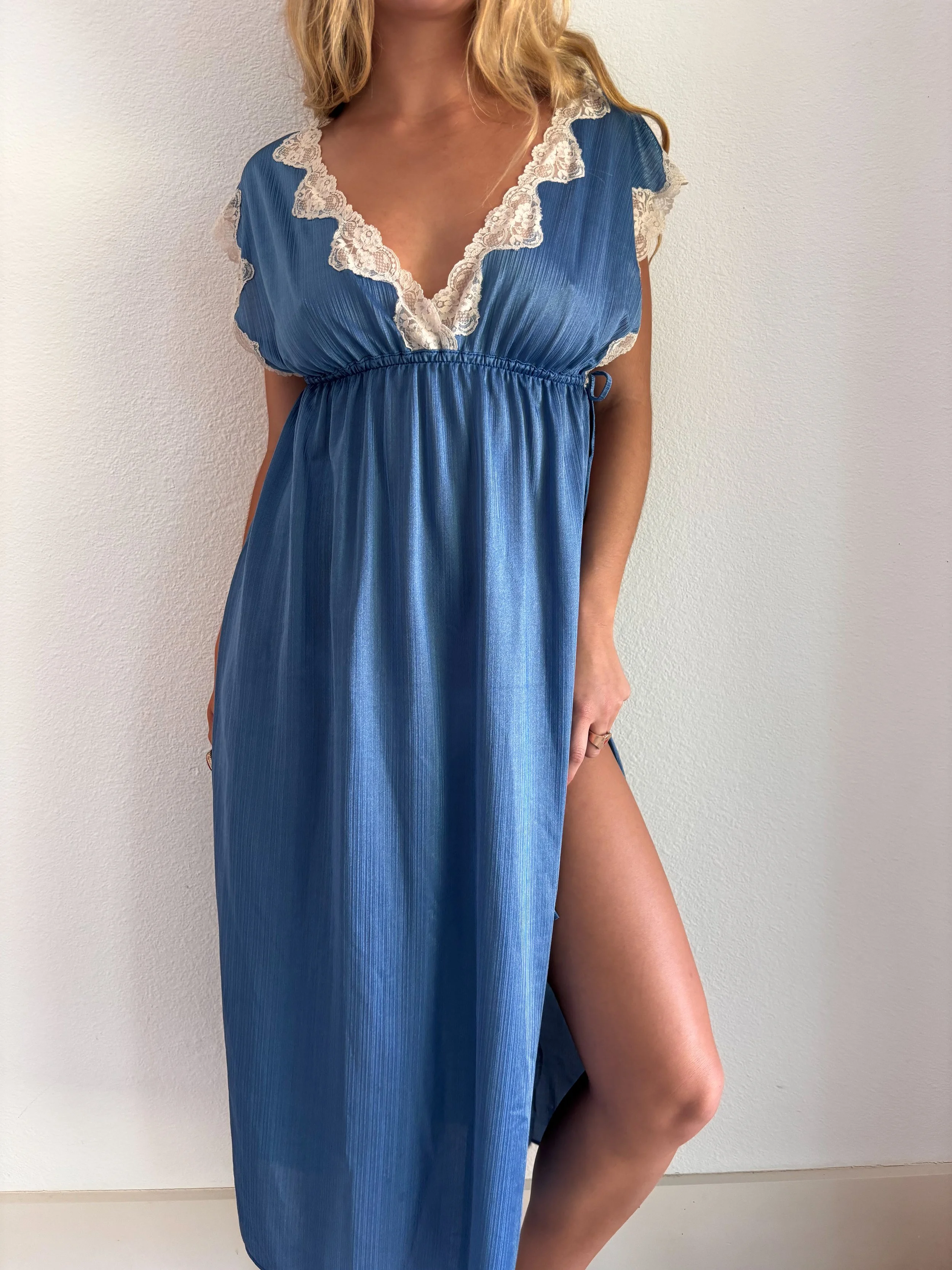Vintage 70s French Riviera Shimmer Lace Maxi Resort Dress