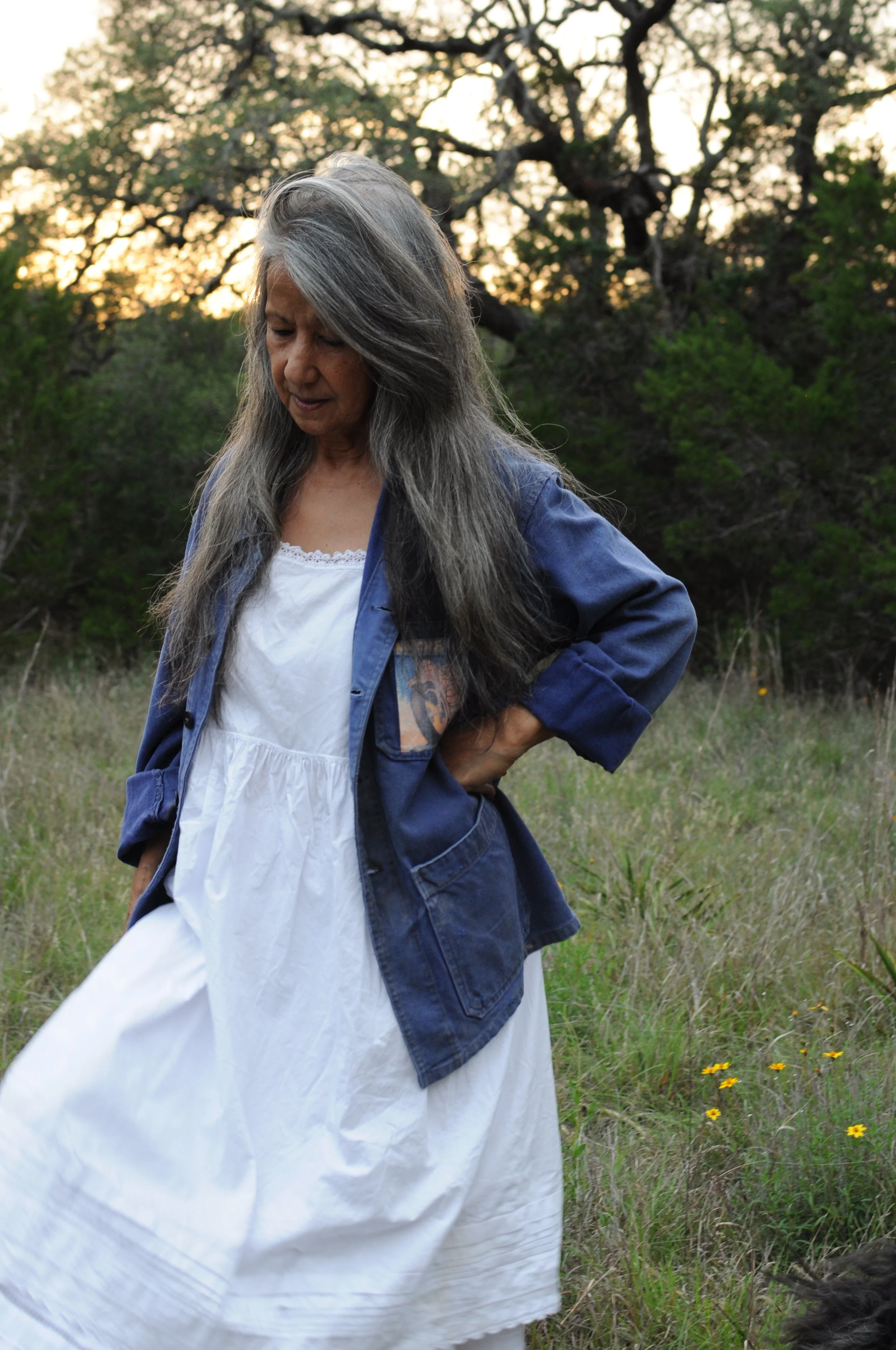 Antique 1920s cotton slip dress styled with indigo workwear jacket