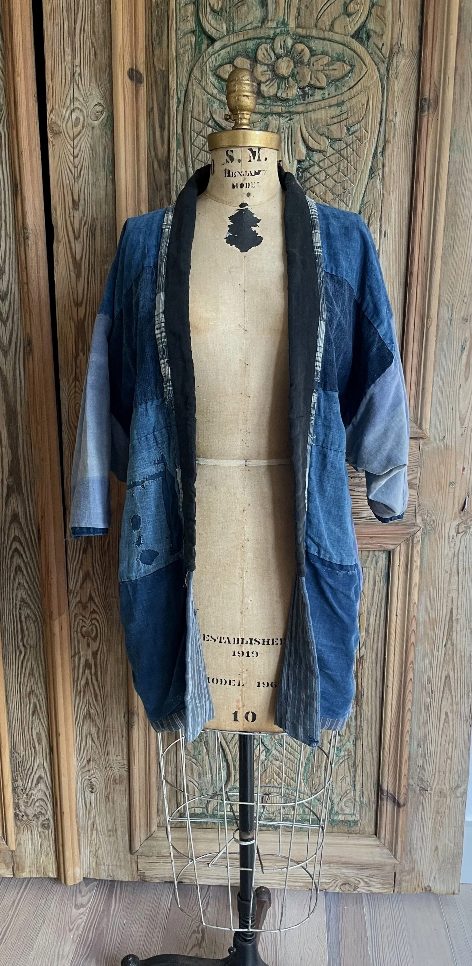 Antique Indigo Patchwork Workwear Jacket — Boro-Inspired Hand-Mended Textile