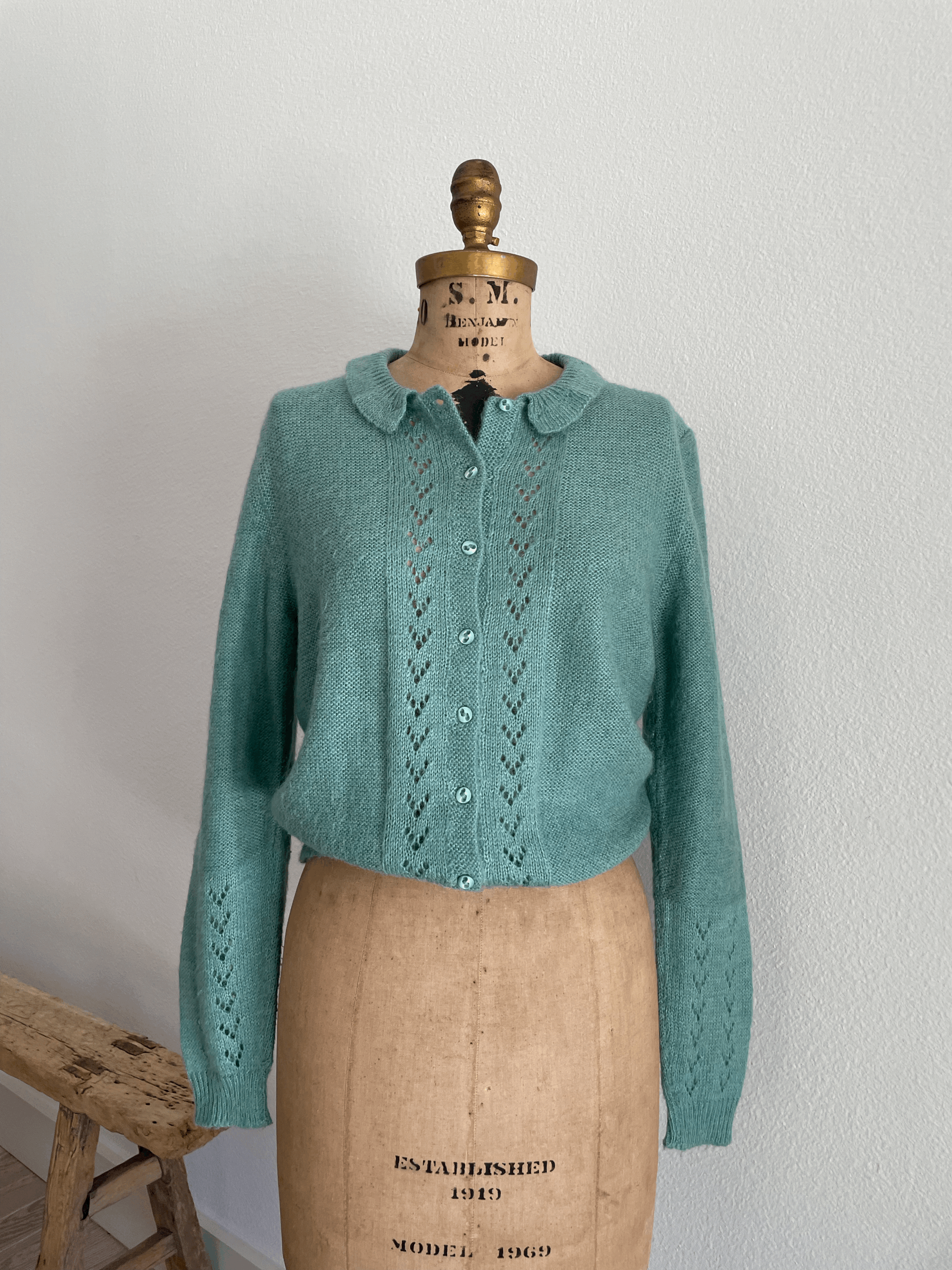 Seafoam Wool Eyelet Cardigan | 1970s-80s