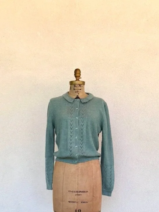 Seafoam Wool Eyelet Cardigan | 1970s-80s