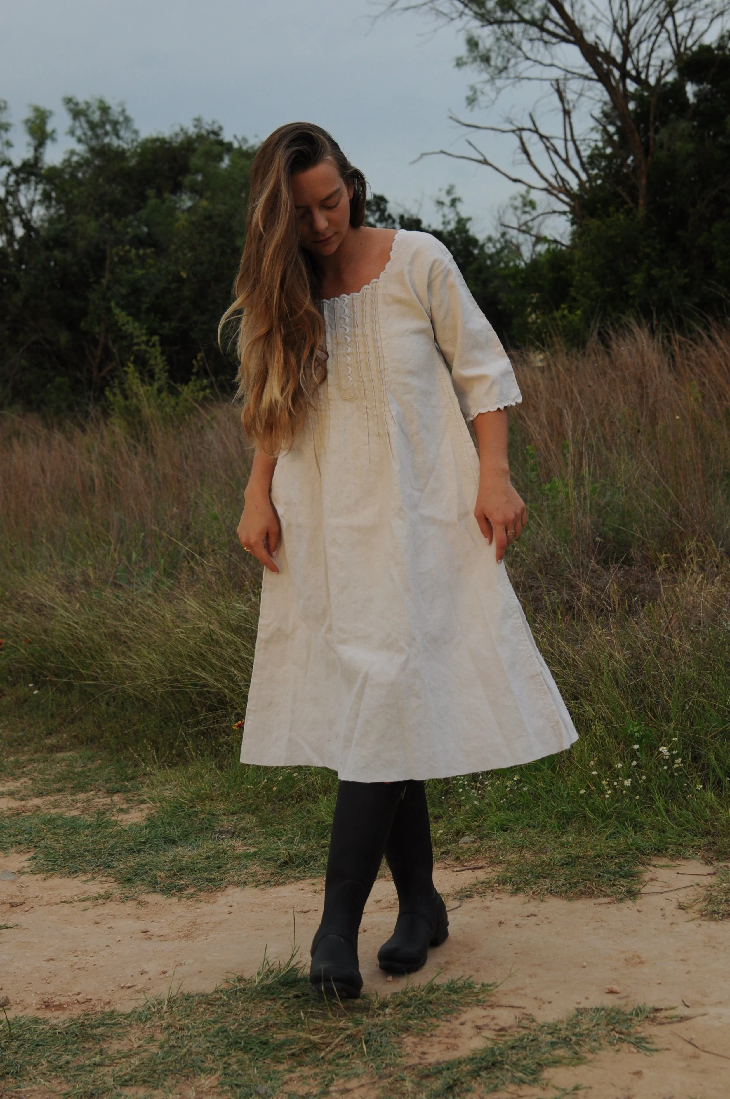Antique Edwardian French Homespun Linen Day Dress | Pintucks and "M.L." Monogram