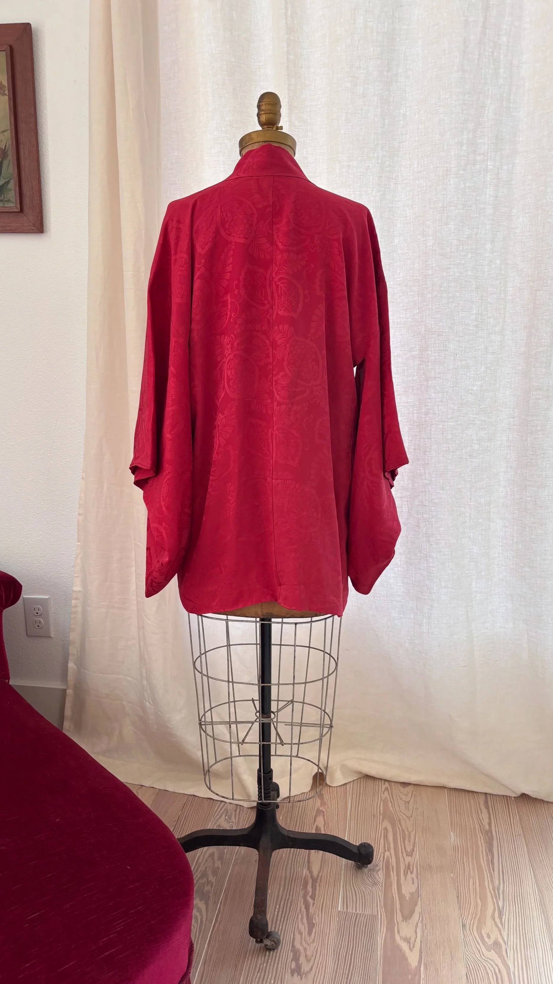 Detail of silk fabric and woven geometric lining inside vintage Japanese haori