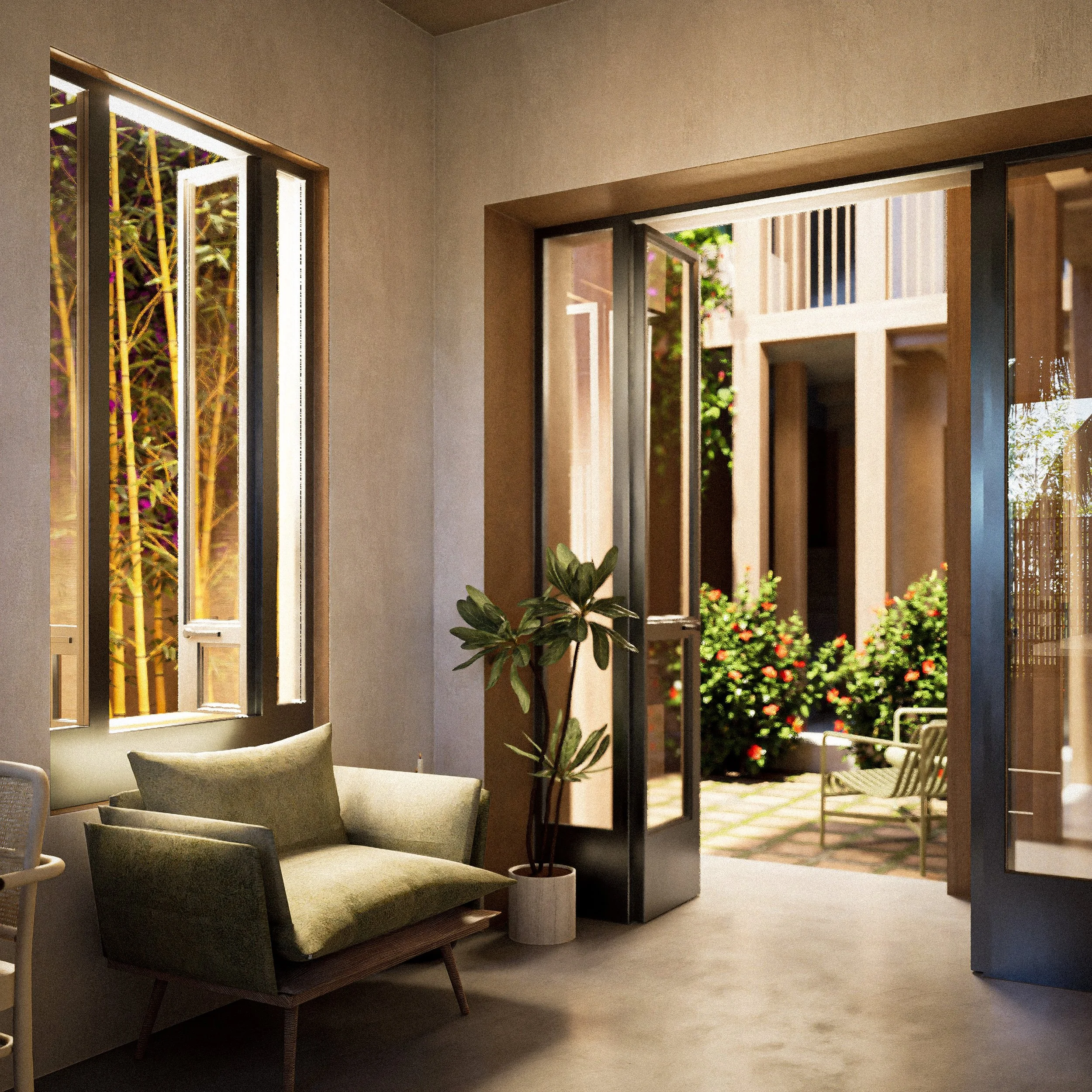 Interior de una sala con sillón verde, una planta en una maceta blanca y vista a un patio con plantas y un banco de metal.