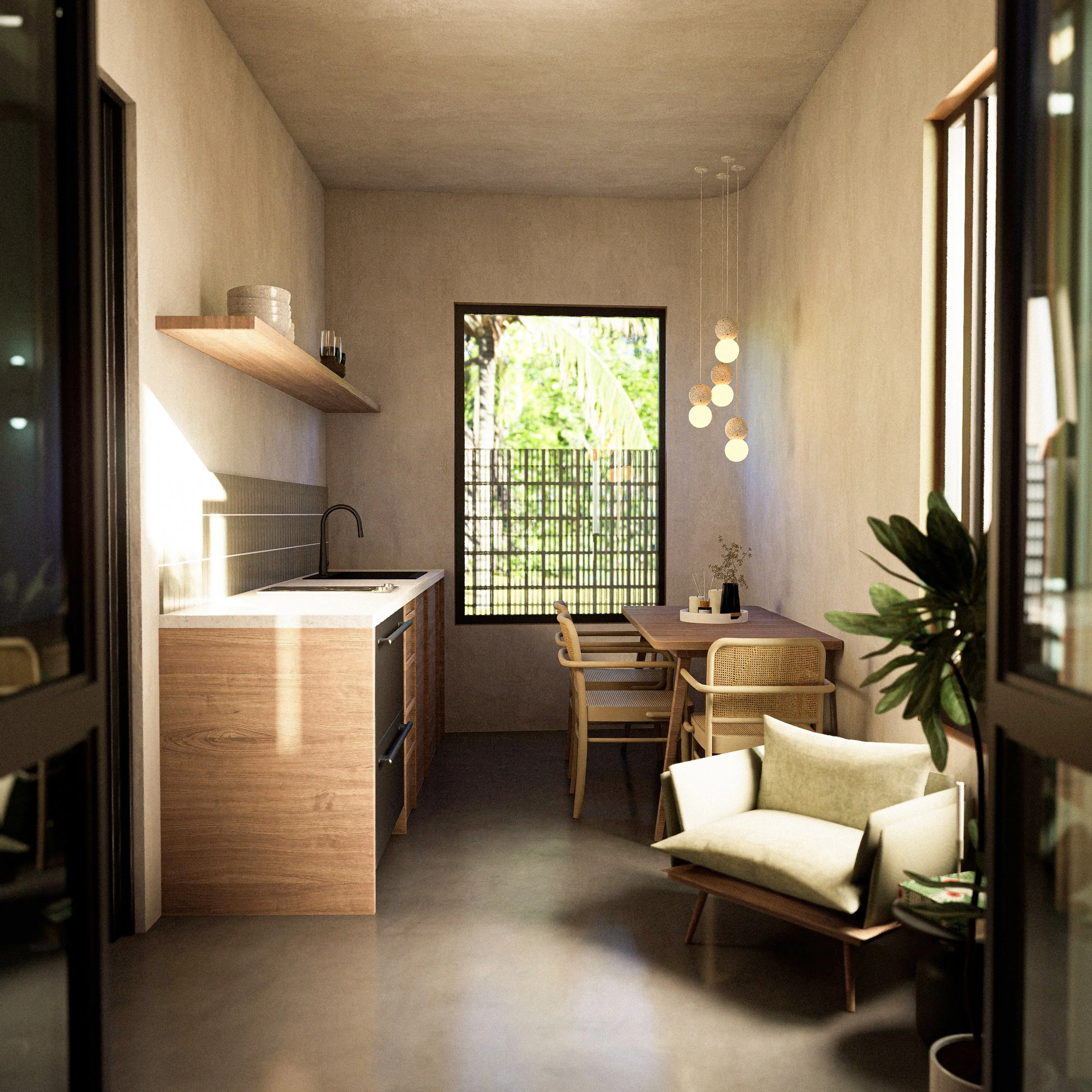 Interior de una sala moderna con mobiliario de madera y una vista hacia un jardín, iluminada con lámparas colgantes y luz natural.