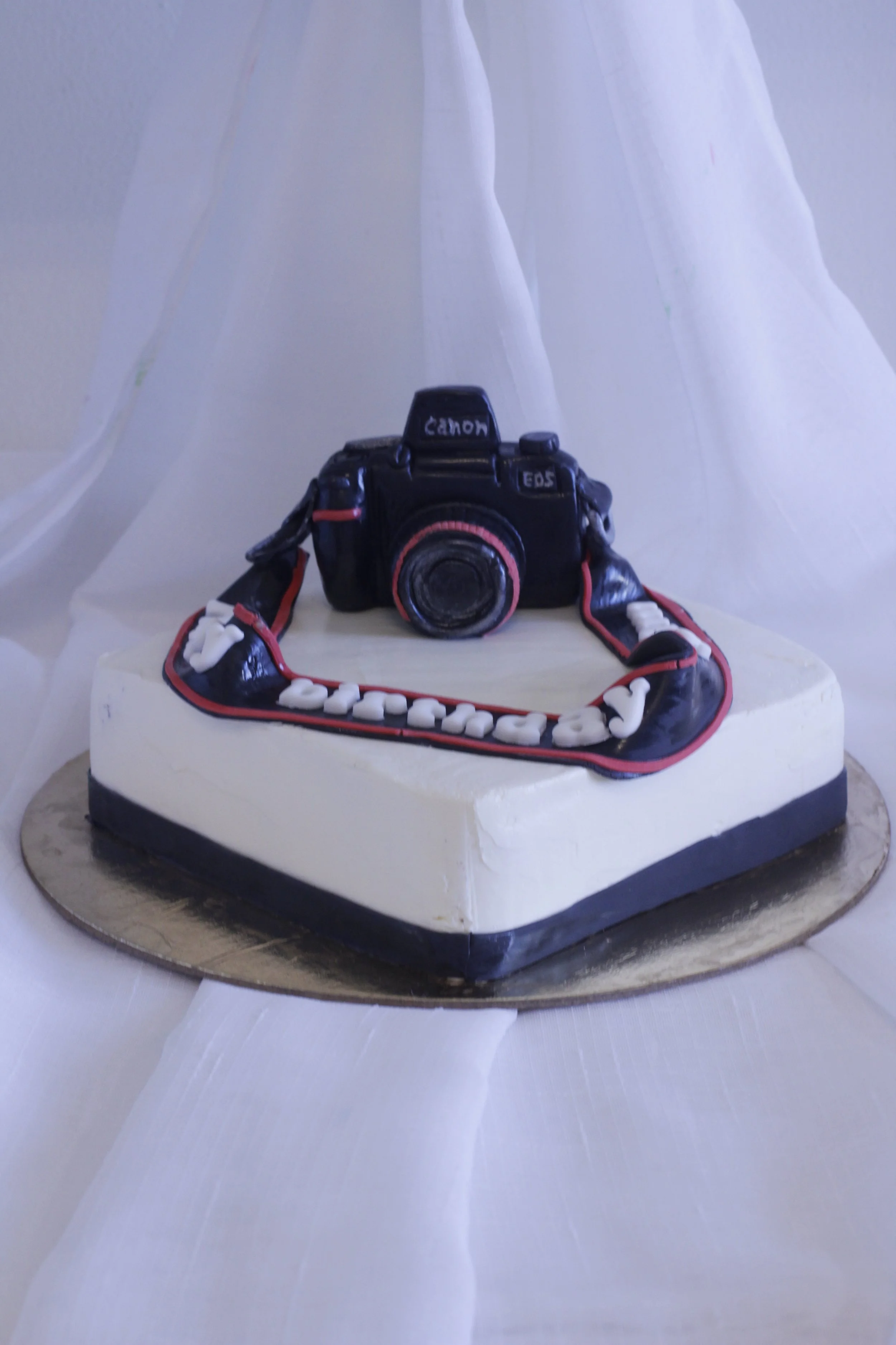 A cake decorated with a camera and a strap with white letters spelling 'Photography,' on a white cloth background.