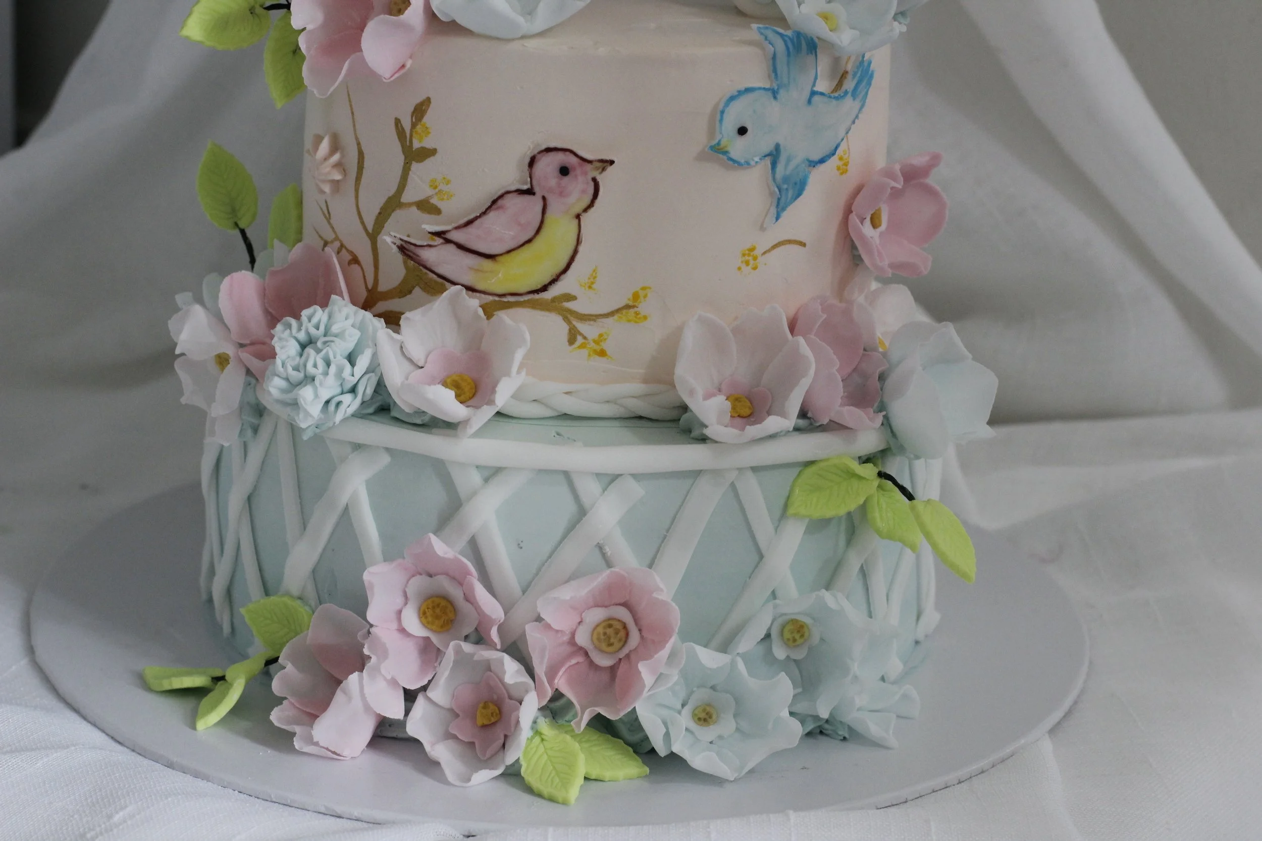 A pastel-colored birthday cake decorated with pink and light blue flowers, green leaves, and painted images of a yellow and pink bird and a blue bird on the side.