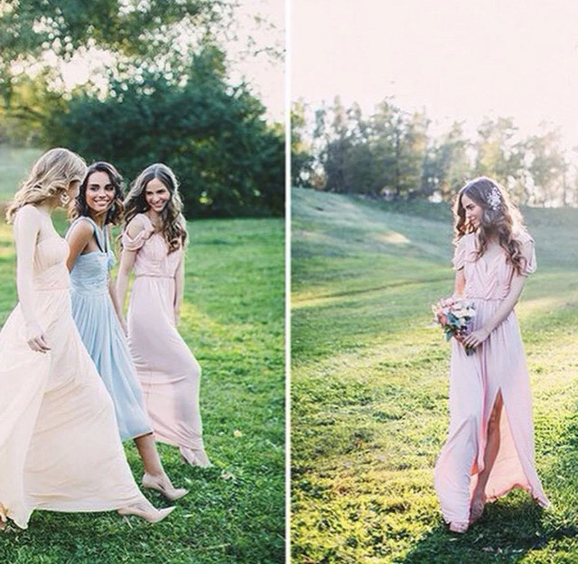 A group of four women in pastel-colored dresses standing on grass on the left side, and a woman in a pink dress holding a bouquet on the right side, outdoors in a grassy area with trees in the background.