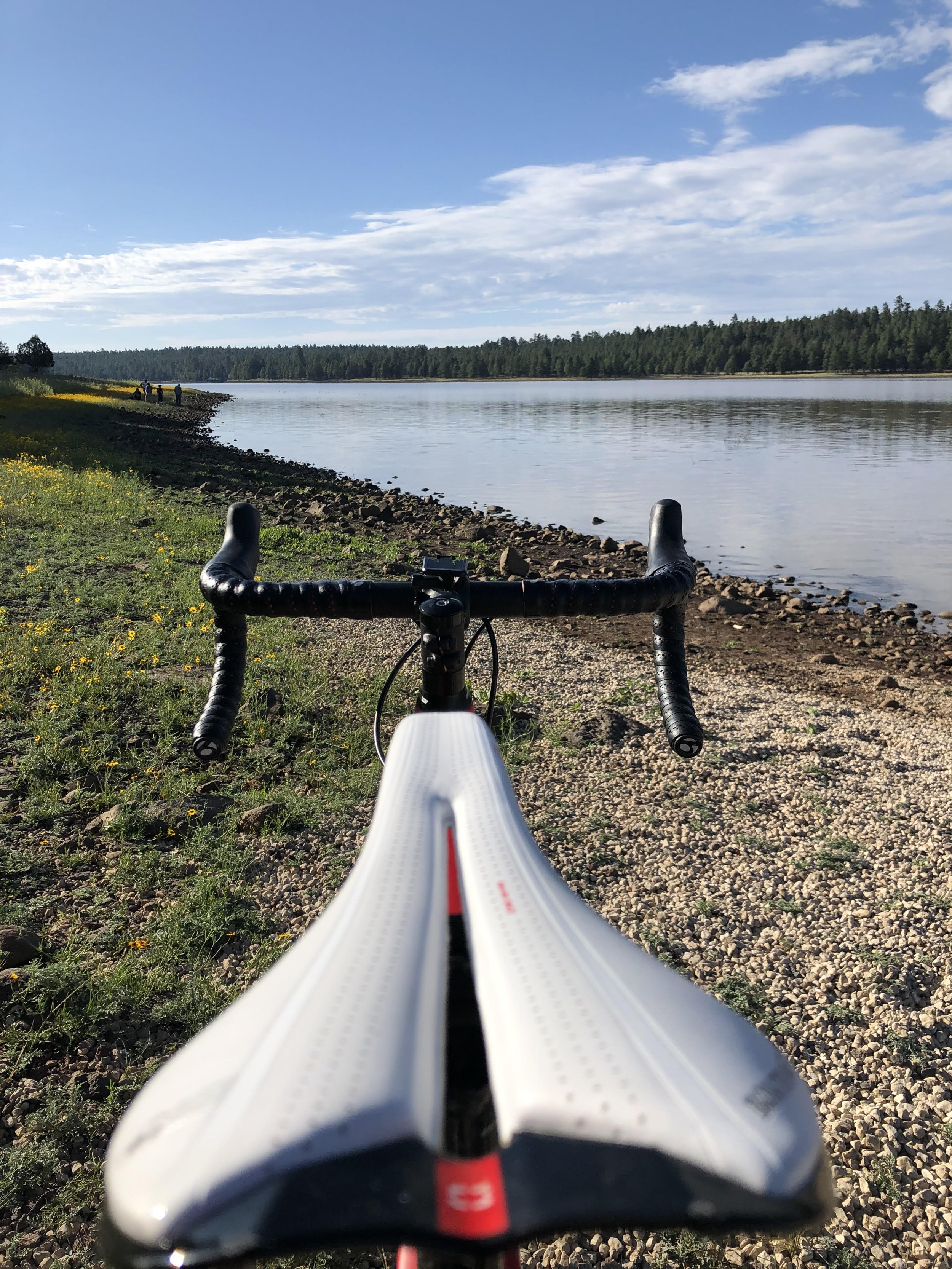Looking down from a bicycle onto a lakeshore with a bike in the foreground, a clear blue sky with some clouds, trees in the background, and some people in the distance.