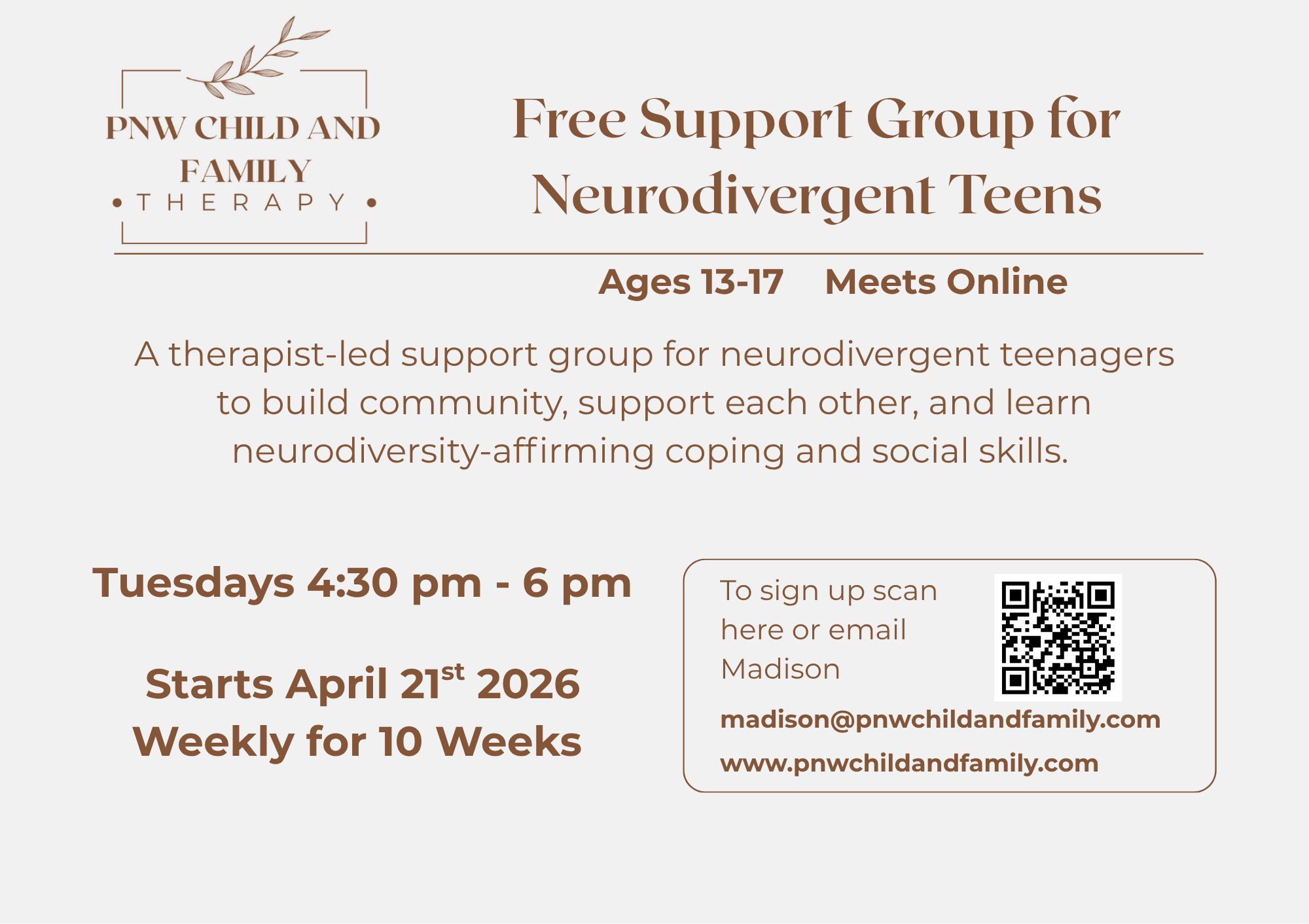 An image of text describing a free support group for neurodivergent teens