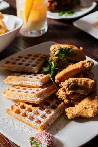 A white plate with four waffles, fried chicken pieces, and garnished with parsley, on a dark table with other dishes and drinks in the background.