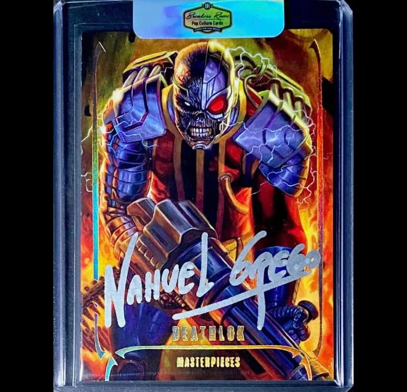 Artwork of a menacing robot skull with glowing red eye, wearing armor and wielding a weapon, with fiery background. Signed by Nahuel Grego, titled 'Deathlok', part of the Marvel Masterpieces pop culture cards.