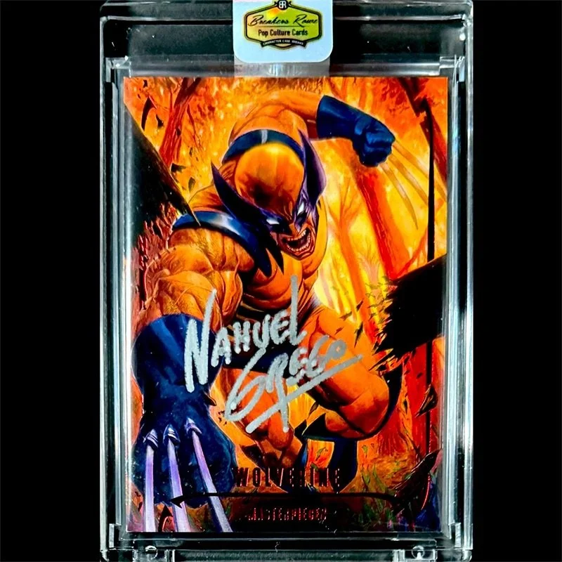 Trading card featuring Wolverine from Marvel's X-Men, in an action pose with claws extended, surrounded by flames and forest background.
