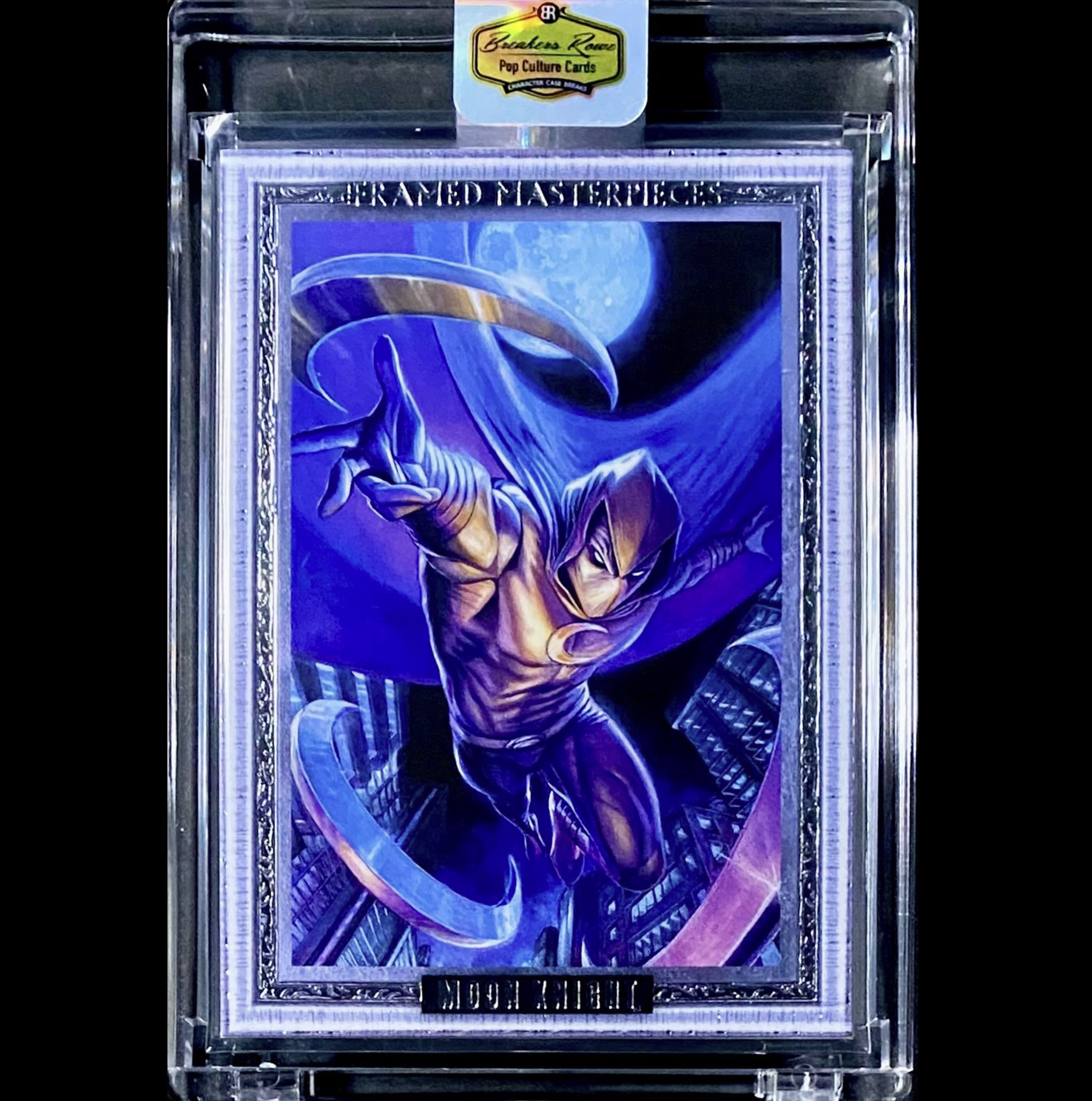 Trading card featuring Moon Knight: a superhero in a purple costume with a hood, leaping through a cityscape at night with a full moon in the background.