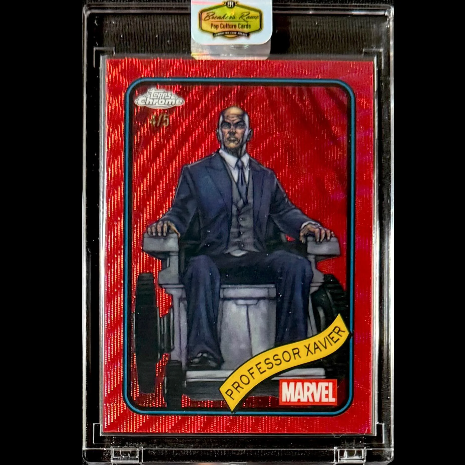 A trading card featuring Professor Xavier from Marvel, shown sitting on a throne, wearing a suit, with a red background and a Marvel logo at the bottom right.