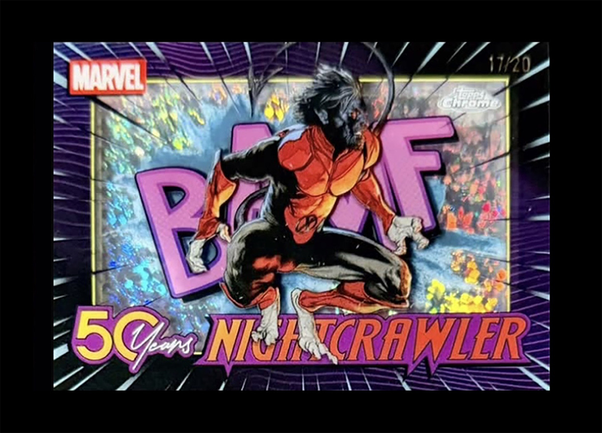 Comic book-style illustration celebrating 50 years of Nightcrawler, a Marvel character, with Nightcrawler crouching in a dynamic pose, energetic background, and bold colorful text.