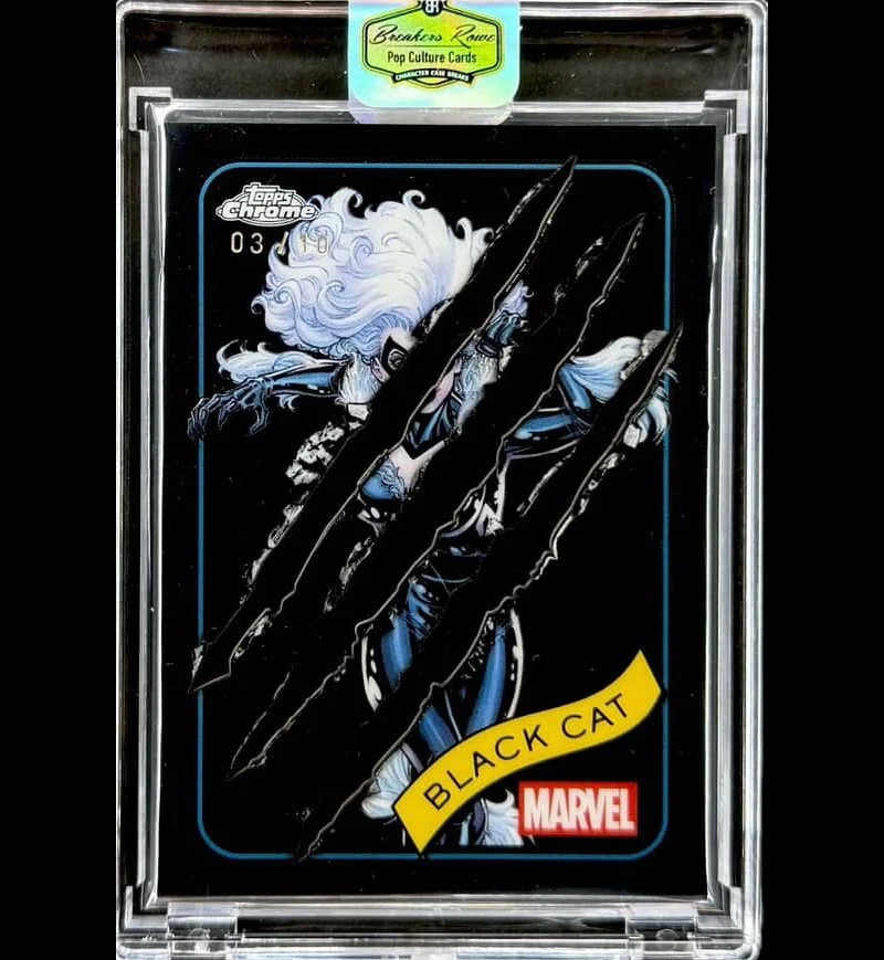 Black Cat Marvel comic card by Topps Chrome with a stylized illustration of a white-haired woman behind three claw marks, labeled 'Black Cat' and enclosed in a clear protective case.