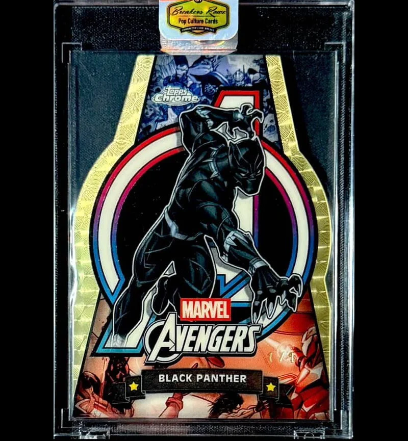 Marvel Avengers Black Panther pop culture trading card in a protective plastic case.