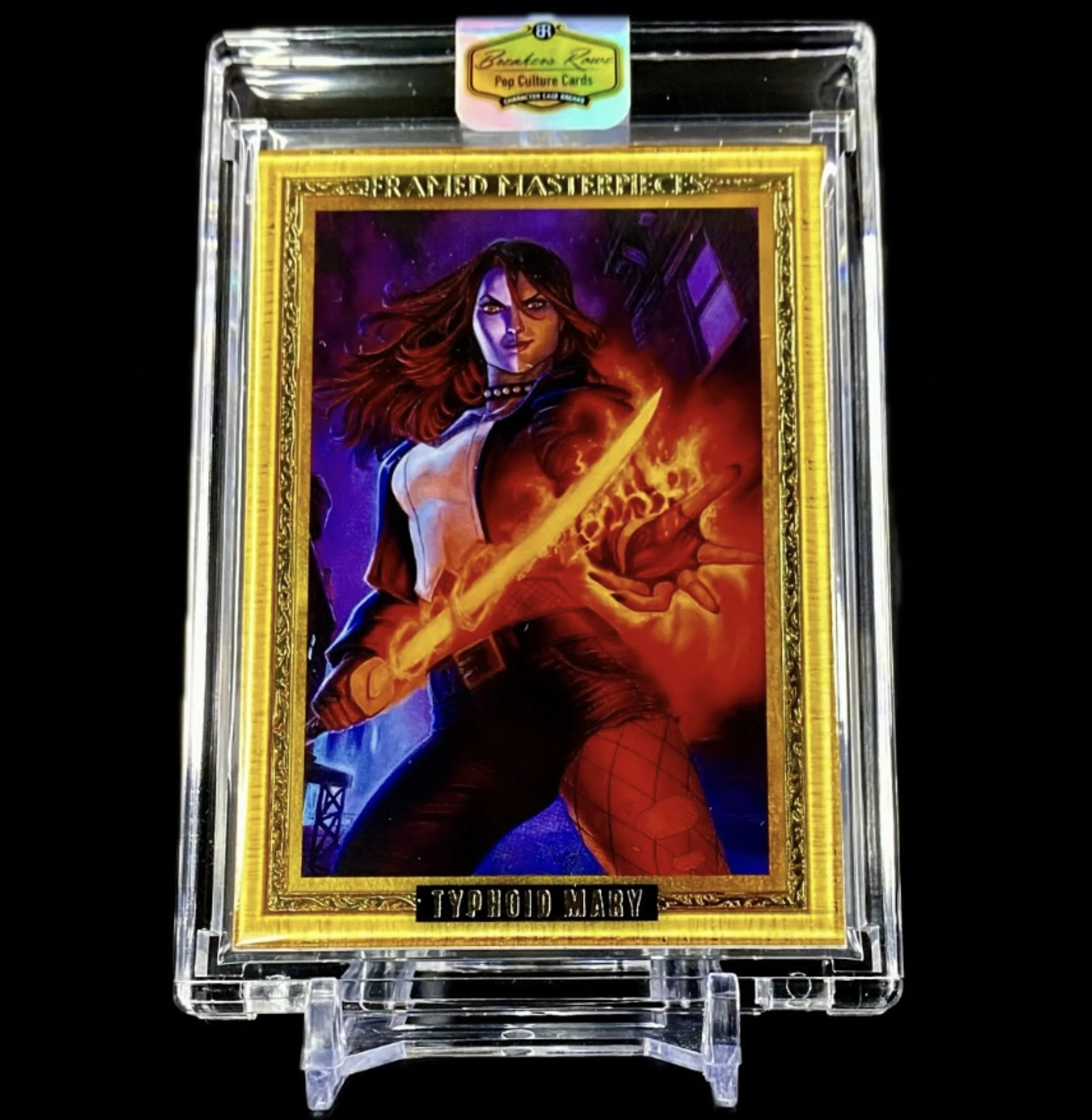 A trading card featuring a female character holding a flaming sword, with the name 'Typhoid Mary' at the bottom, displayed in a clear plastic case.