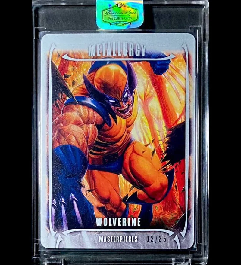 Animated trading card of Wolverine, a muscular comic book character, in an aggressive pose with claws extended, the background features fiery colors, with the words 'METALLURGY' and 'WOLVERINE' on the card, labeled as a limited edition 'Masterpieces