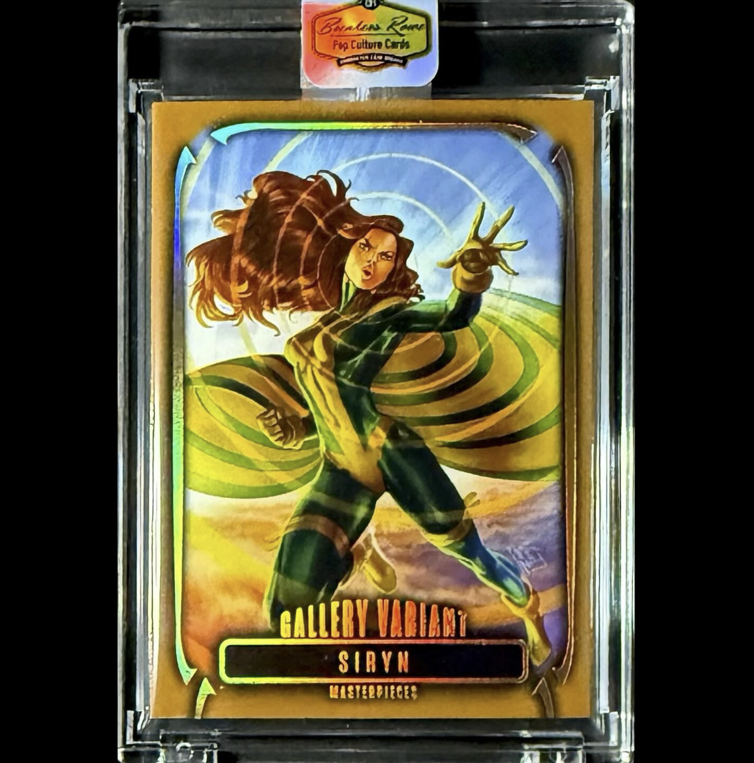A Marvel trading card depicts a superhero woman with long brown hair, wearing a green and black costume with yellow accents, in a dynamic fighting pose under a colorful sky. The card is labeled "Gallery Valiant" with the name "Siryn" underneath.