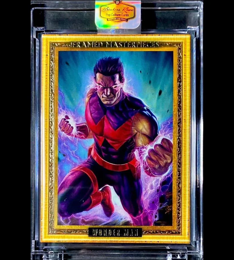 A collectible trading card featuring Wonder Man from Marvel Comics, portrayed in a colorful, dynamic illustration with electric powers and a determined expression, encased in a plastic protective slab with a holographic label at the top.