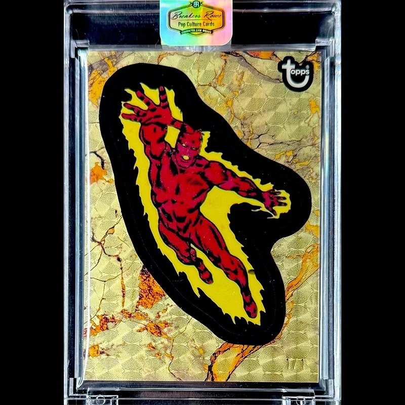 A collectible card featuring The Marvel Comics character Human Torch, encased in a protective display case.